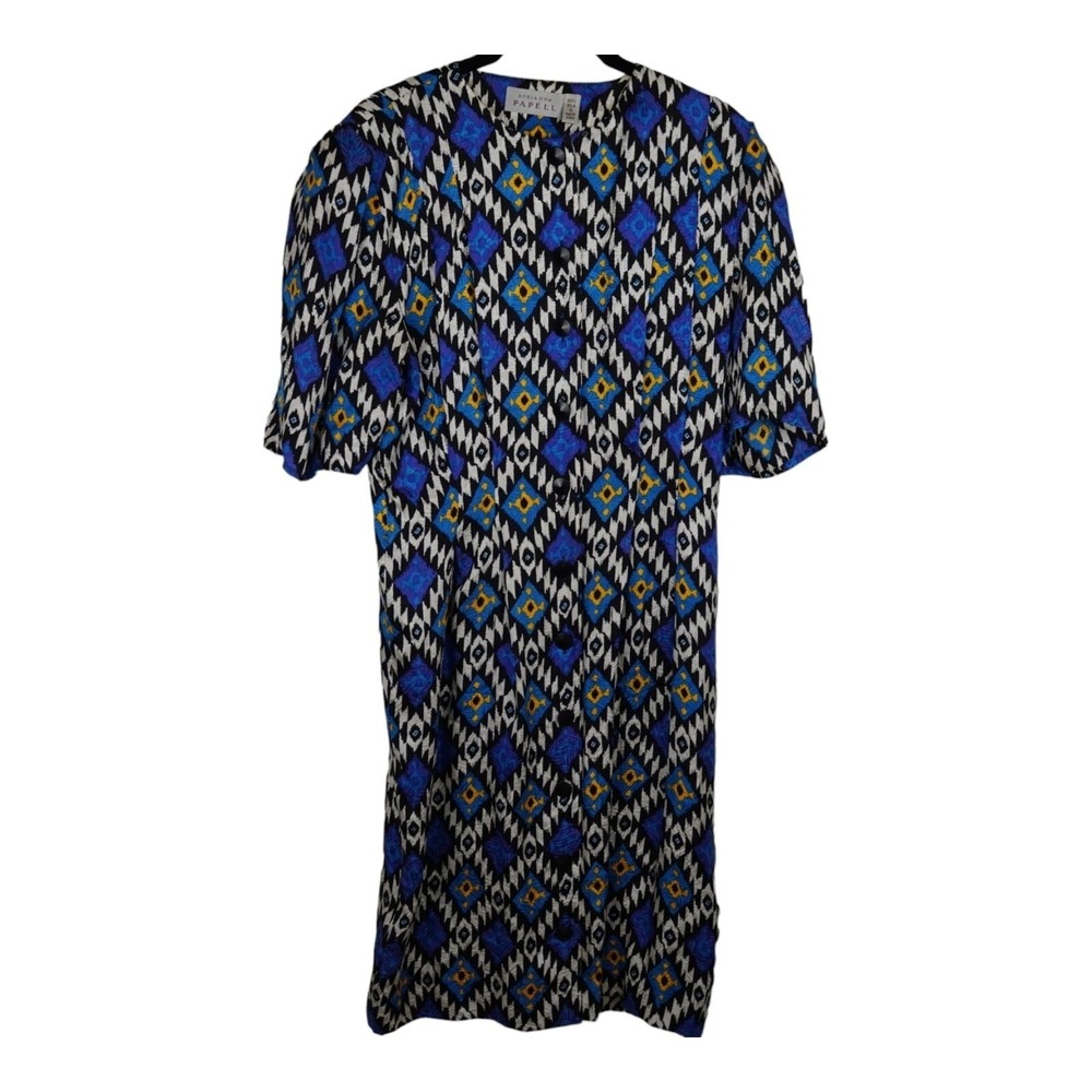 VTG Adrianna Papell Vintage 80s Pure SILK God's Eye Shirt Dress Midi Southwest S